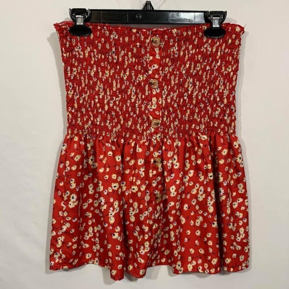 𝅺WOMAN’S peplum strapless floral top. Size Large. Red. New condition.